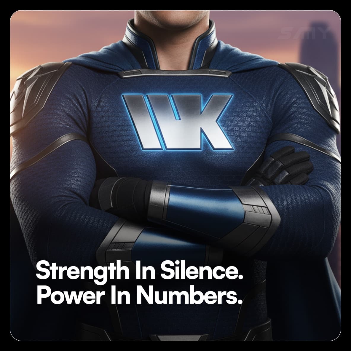 A caped hero wearing the glowing WK crest